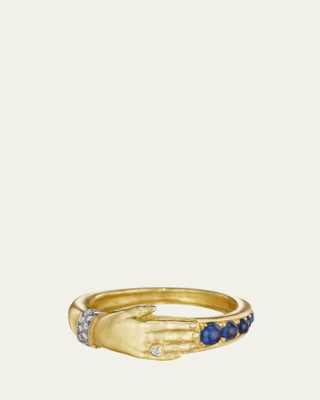 18K Yellow Gold Sapphire One Hand Band with Diamonds, Size